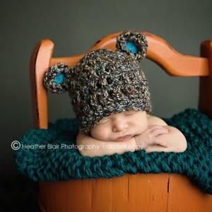 Baby Bear Hat With Blue Ears In Chunky Yarn Of..