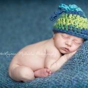 Crochet baby boy top knot chunky beanie hat photo prop in blue, aqua, green - newborn size