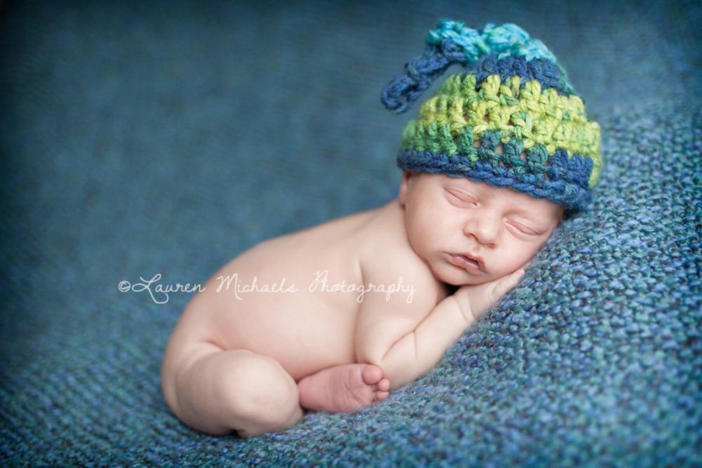 Crochet Baby Boy Top Knot Chunky Beanie Hat Photo Prop In Blue, Aqua, Green - Newborn Size