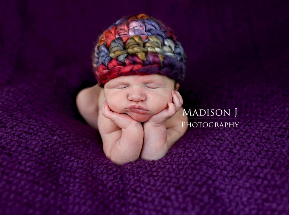 Crochet Baby Girl Beanie Hat In Rainbow Purple, Pink, Blue, Tan, Chunky Beanie Photo Prop- Newborn Size