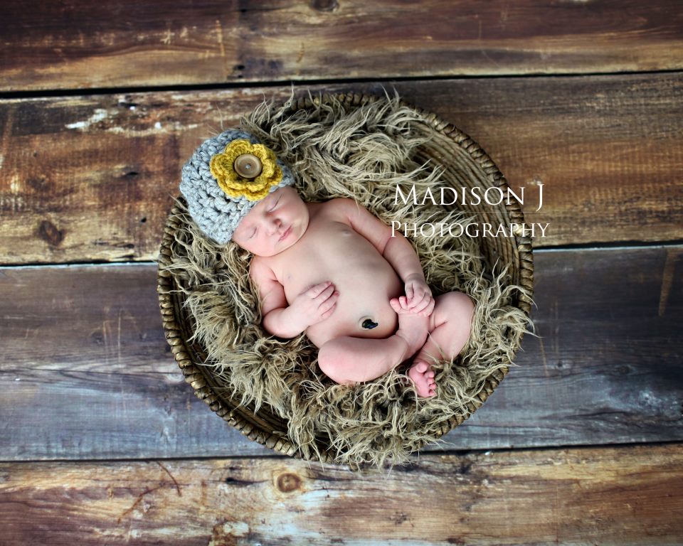Crochet Baby Girl Chunky Detachable Flower Beanie Hat In Grey And Mustard Photo Prop- Newborn Size