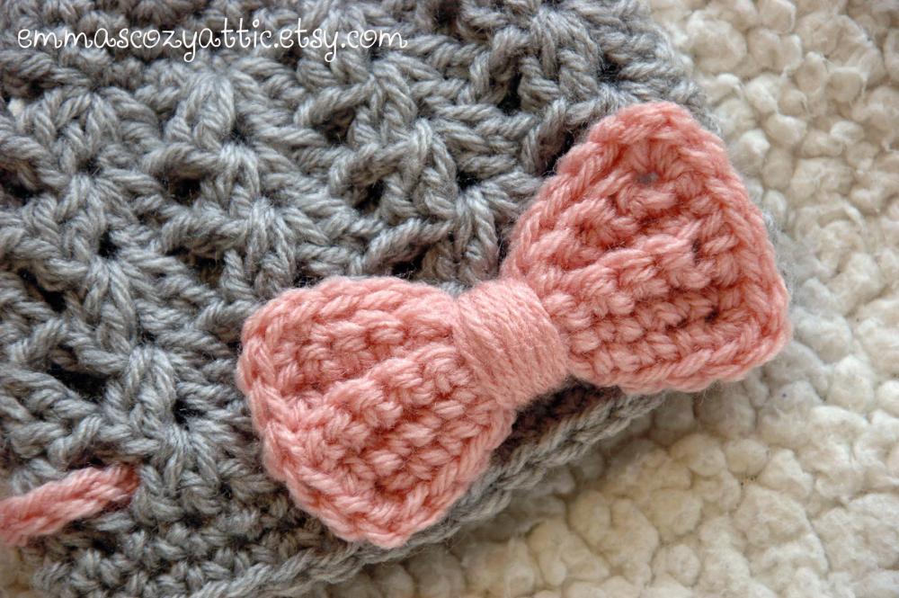 Crochet Bow Beanie For Newborn Baby Girl In Pink And Grey Made To
