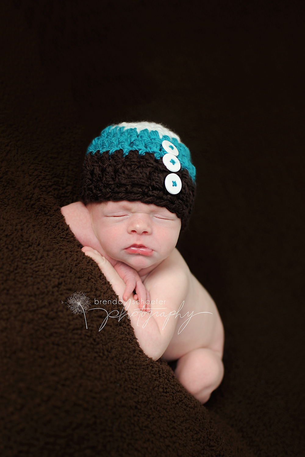 Crochet Beanie For Baby Boy In White, Aqua Blue, And Brown, Chunky Style - Made To Order