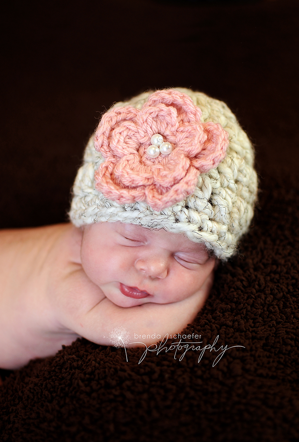 Newborn Girl Flower Beanie In Cream And Pink
